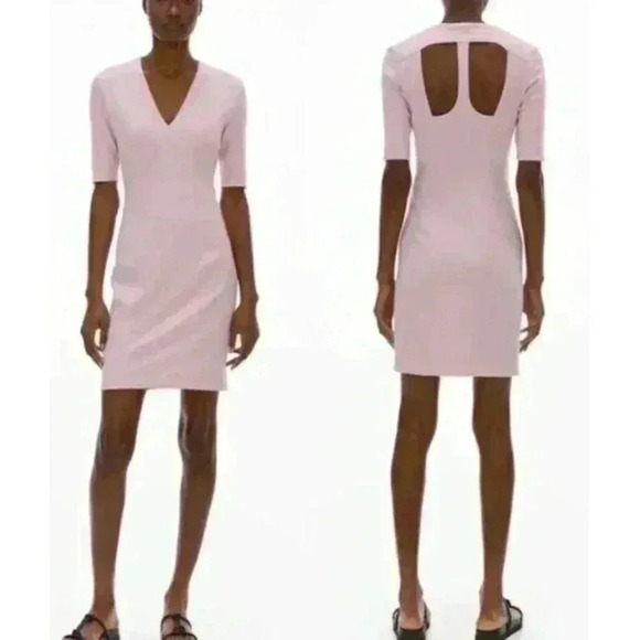 Helmut‎ Lang Pink Bodycon Dress Back Shoulder Cut Outs Stretch Knit Sz Medium - Picture 1 of 9